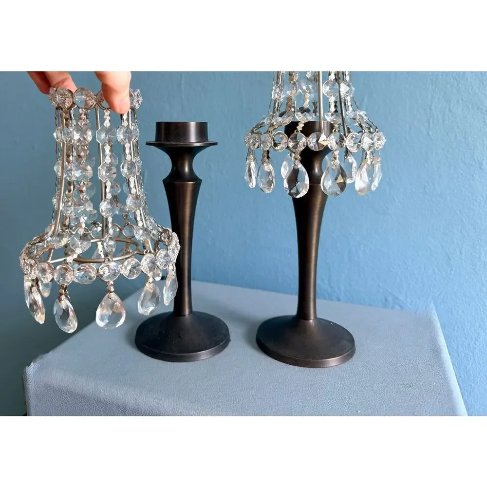 Vintage Pottery Barn Chandelier Candle Lamps - Crystal Beaded Shades Pair 12